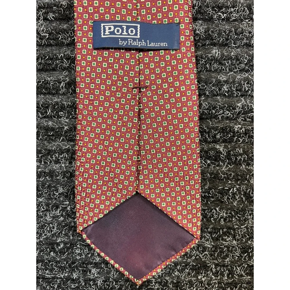 Polo Ralph‎ Lauren Necktie Silk Handmade Geometric Pattern Burgundy